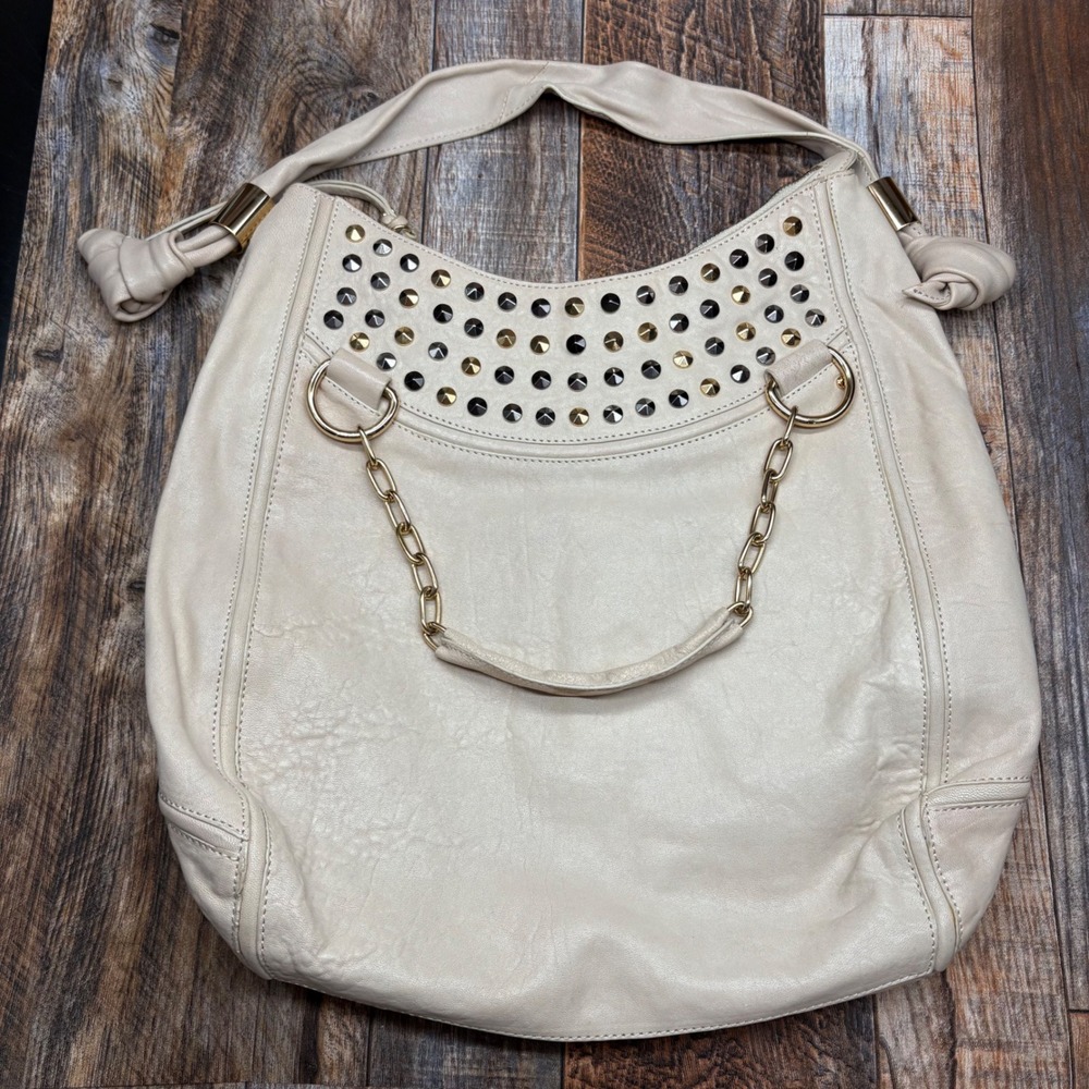 Tre Vero Cream Leather Studded Hobo Bag Mixed Metal Chain Strap Shoulder Bag